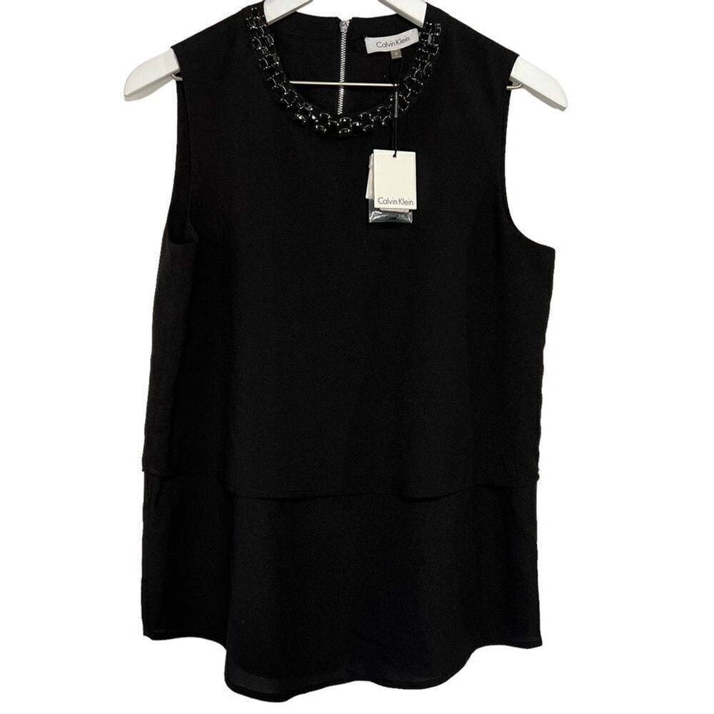 NWT Calvin Klein Jeweled Collar Blouse size Small Black Sleeveless Party